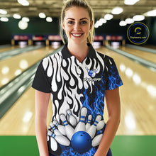 Load image into Gallery viewer, Black, White and Blue Flame Bowling Polo, Quarter Zip Shirts For Women Custom Bowling Team Jerseys NQS11739