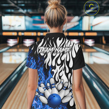 Load image into Gallery viewer, Black, White and Blue Flame Bowling Polo, Quarter Zip Shirts For Women Custom Bowling Team Jerseys NQS11739