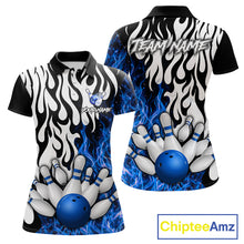 Load image into Gallery viewer, Black, White and Blue Flame Bowling Polo, Quarter Zip Shirts For Women Custom Bowling Team Jerseys NQS11739