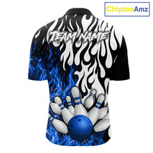 Load image into Gallery viewer, Black, White and Blue Flame Bowling Polo, Quarter Zip Shirts For Men Custom Bowling Team Jerseys NQS11739