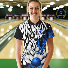 Load image into Gallery viewer, Black, White and Blue Flame Bowling Polo, Quarter Zip Shirts For Women Custom Bowling Team Jerseys NQS11739