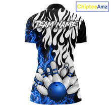 Load image into Gallery viewer, Black, White and Blue Flame Bowling Polo, Quarter Zip Shirts For Women Custom Bowling Team Jerseys NQS11739