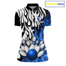 Load image into Gallery viewer, Black, White and Blue Flame Bowling Polo, Quarter Zip Shirts For Women Custom Bowling Team Jerseys NQS11739