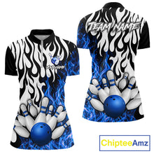 Load image into Gallery viewer, Black, White and Blue Flame Bowling Polo, Quarter Zip Shirts For Women Custom Bowling Team Jerseys NQS11739