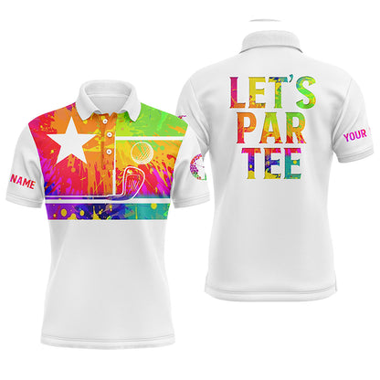 Mens golf polo shirt watercolor Texas flag patriot golf custom name Let’s Par Tee white golf shirt NQS5470