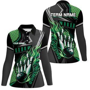 Black and Green Bowling ball pins Polo, Quarter Zip shirt for women Custom Bowling Team League Jerseys NQS7627