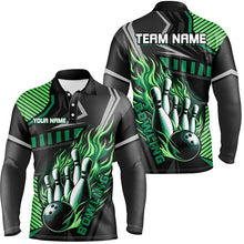 Load image into Gallery viewer, Black and Green Bowling ball pins Polo, Quarter Zip shirt for men Custom Bowling Team League Jerseys NQS7627