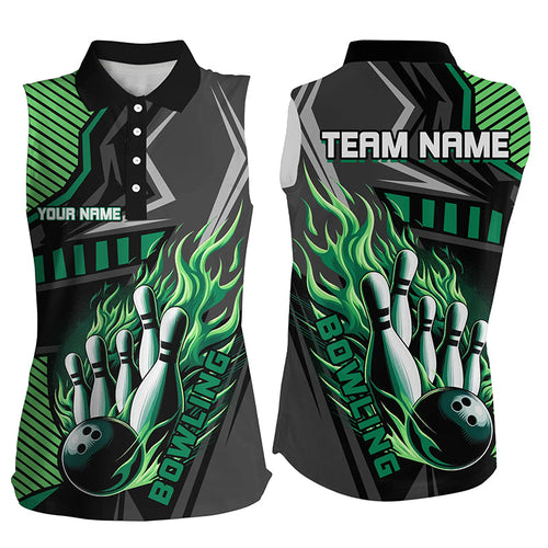 Black and Green Bowling ball and pins Women sleeveless polo shirts Custom Bowling Team League Jerseys NQS7627