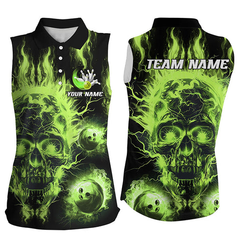 Green flame skull Bowling ball Women sleeveless polo shirts custom bowling jerseys, bowl gifts NQS7629