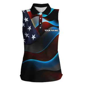 Women sleeveless polo shirt custom name black American flag patriotic golf shirts for women NQS5745