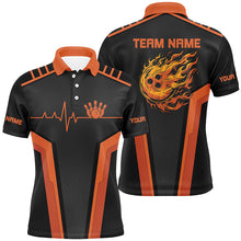 Load image into Gallery viewer, Black and orange Flame Bowling shirts for men custom Bowling Ball Pins heartbeat team bowling shirts NQS7827