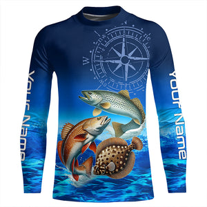 Personalized Redfish, trout, flounder Blue Performance Fishing Shirt, compass inshore tournament Shirt NQS5941