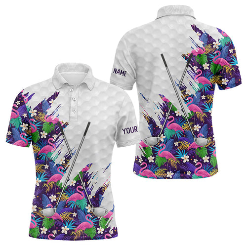 Purple Flamingo tropical pattern custom name white Mens golf polo shirts, team mens golf tops NQS8050