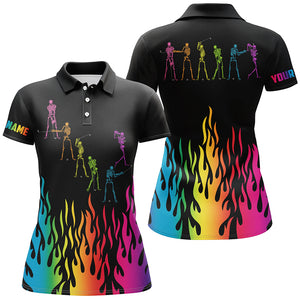 Rainbow flame golf skeleton custom black Women golf polo shirt, golf attire for women NQS6144