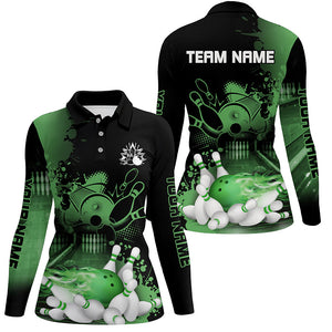 Black and Green Flame Bowling Shirts For Women Custom Bowling Team League Jerseys, Gift For Bowlers NQS8473