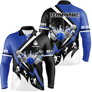 Black, White and Blue Mens Bowling Shirts Custom Bowling Team League Jerseys, Gifts For Bowlers NQS8719