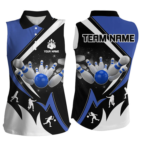 Black, White and Blue Women Sleeveless Polo Shirt Custom Bowling Team League Jersey, Gifts For Bowlers NQS8719