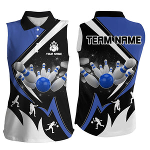 Black, White and Blue Women Sleeveless Polo Shirt Custom Bowling Team League Jersey, Gifts For Bowlers NQS8719