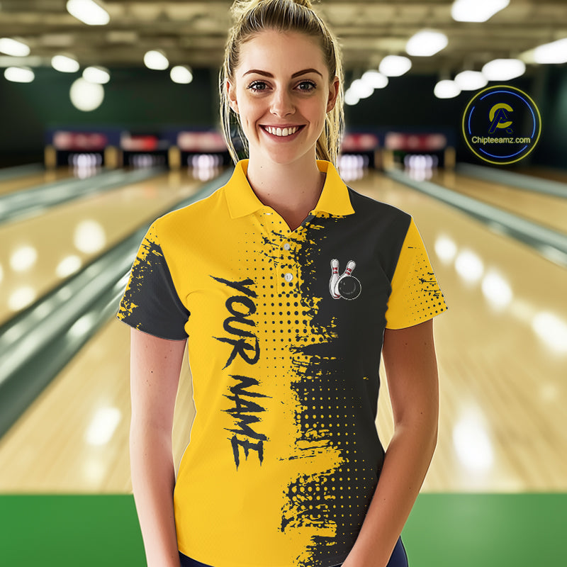 Yellow and Black Bowling Polo, Quarter Zip shirts for Women Custom Bowling Team Jerseys NQS10880