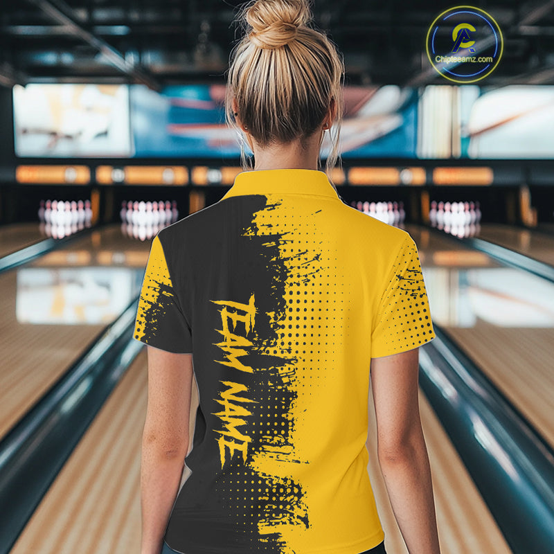 Yellow and Black Bowling Polo, Quarter Zip shirts for Women Custom Bowling Team Jerseys NQS10880