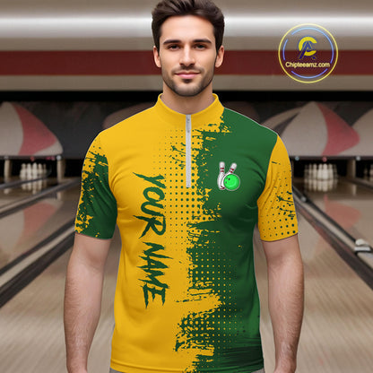 Yellow and Green Bowling Polo, Quarter Zip shirts for Men Custom Bowling Team Jerseys NQS10881