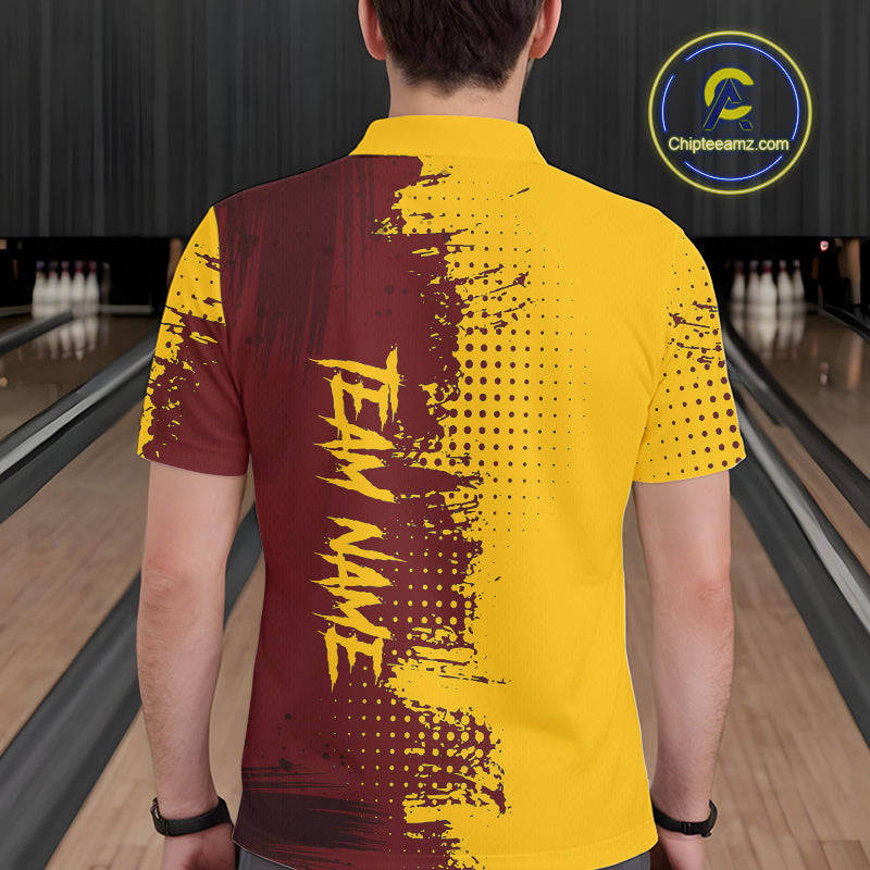 Yellow and Red Bowling Polo, Quarter Zip shirts for Men Custom Bowling Team Jerseys NQS10882