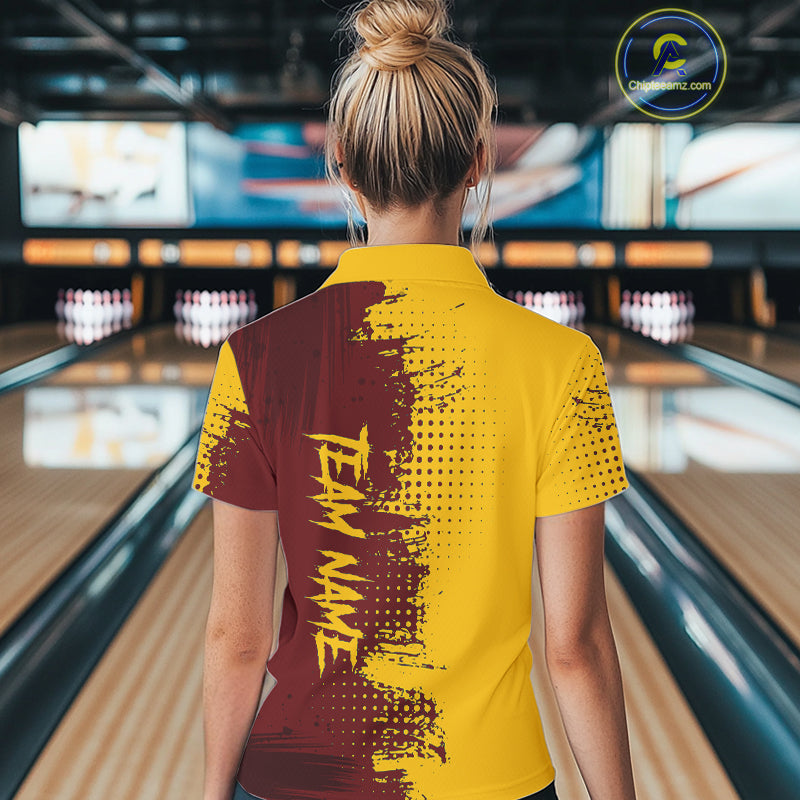 Yellow and Red Bowling Polo, Quarter Zip shirts for Women Custom Bowling Team Jerseys NQS10882