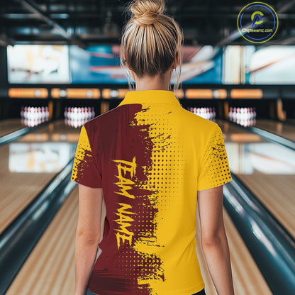 Yellow and Red Bowling Polo, Quarter Zip shirts for Women Custom Bowling Team Jerseys NQS10882