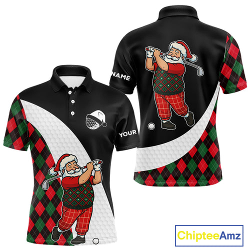 Funny Santa Golf Christmas Mens Polo Shirt green and red argyle pattern Custom Golf outfit For Men NQS11053