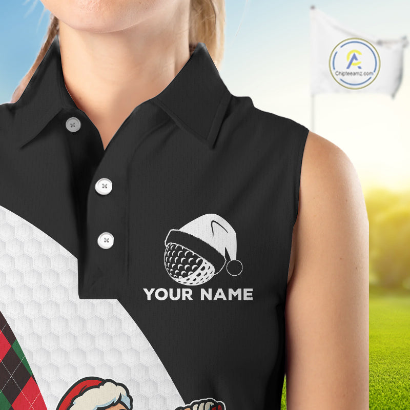Funny Santa Golf Christmas Sleeveless Polo Shirt green & red argyle pattern Custom Ladies Golf outfit NQS11053