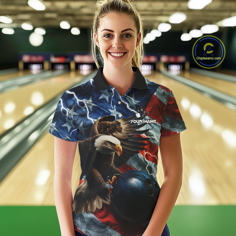 American Flag Eagle Lightning Thunder Bowling Shirts For Women Custom Patriotic Bowling Team Jerseys NQS11059