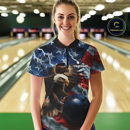 American Flag Eagle Lightning Thunder Bowling Shirts For Women Custom Patriotic Bowling Team Jerseys NQS11059