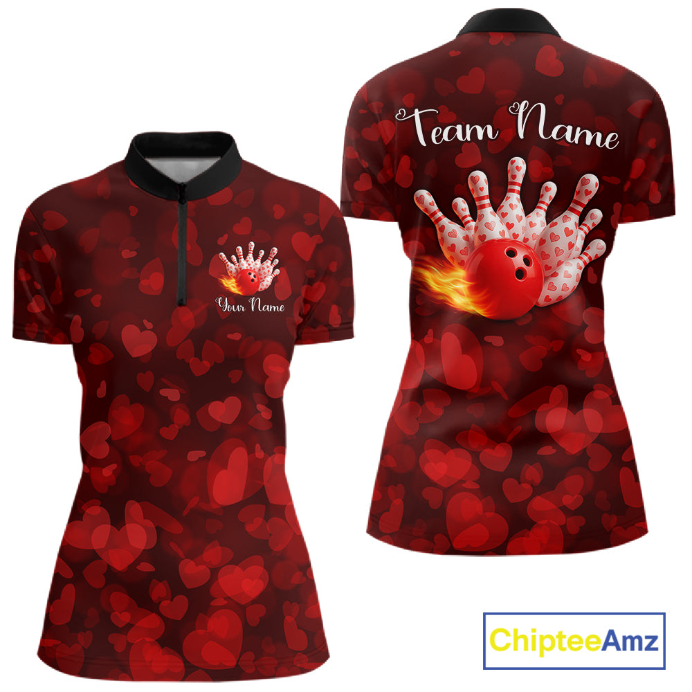 Red Hearts pattern Valentine Bowling Polo, 1/4 zip Shirts For Women Custom Bowling Couple Outfits NQS11251