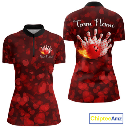 Red Hearts pattern Valentine Bowling Polo, 1/4 zip Shirts For Women Custom Bowling Couple Outfits NQS11251