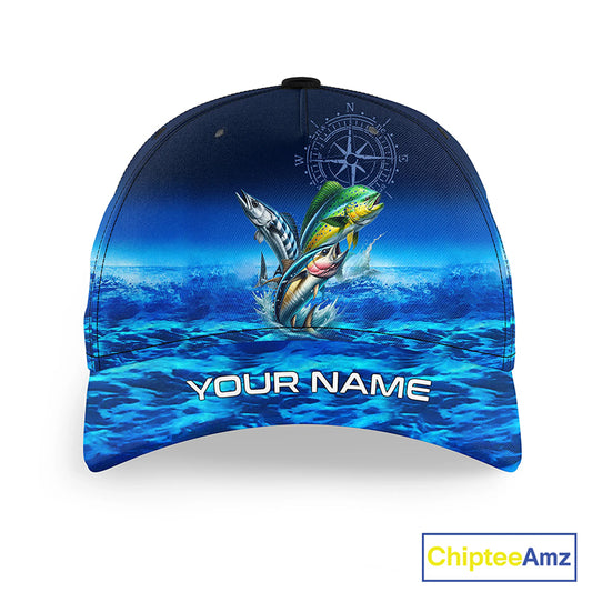 Personalized Mahi Mahi, Wahoo, Tuna Blue fishing hat, compass offshore tournament Angler hat cap NQS11252