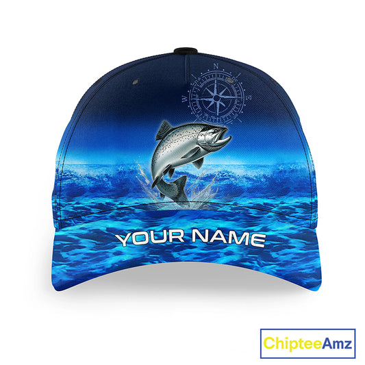 Personalized Salmon Blue sea fishing hat, compass Salmon tournament Angler hat cap NQS11254