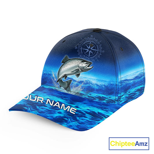 Personalized Salmon Blue sea fishing hat, compass Salmon tournament Angler hat cap NQS11254