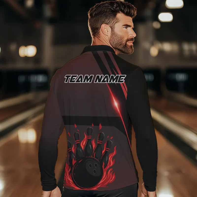 Black And Red Flame Bowling Ball and pins Bowling Shirts For Men Custom Team Bowling Jerseys NQS9387