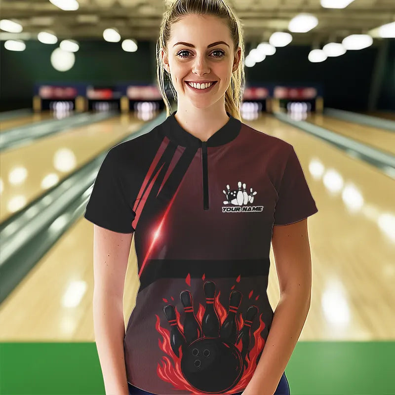 Black And Red Flame Bowling Ball and pins Bowling Shirts For Women Custom Team Bowling Jerseys NQS9387