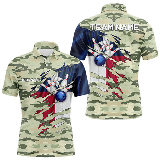 Texas Flag Green Camo Bowling Polo, Quarter Zip shirts for Men custom Texas Bowling Team Jerseys NQS9536