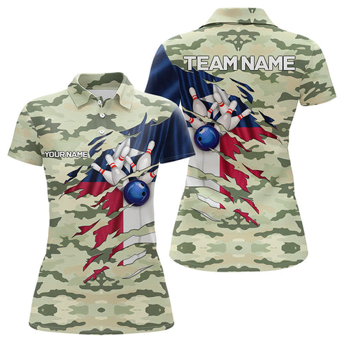Texas Flag Green Camo Bowling Polo, Quarter Zip shirts for Women custom Texas Bowling Team Jerseys NQS9536