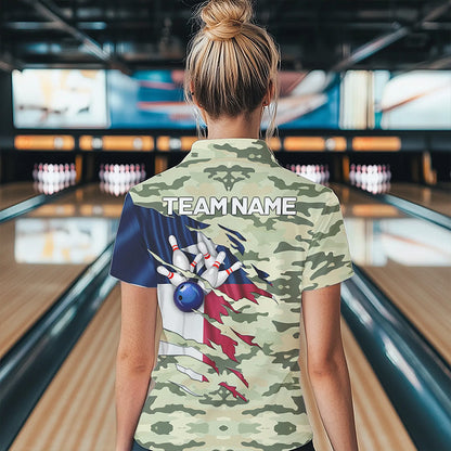 Texas Flag Green Camo Bowling Polo, Quarter Zip shirts for Women custom Texas Bowling Team Jerseys NQS9536