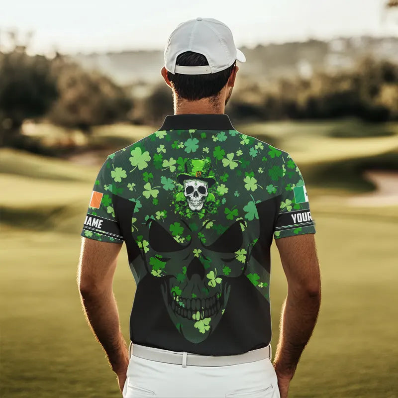 Personalized Green shamrock pattern Skull Men golf polo shirts Custom St Patrick day mens golf tops NQS9542