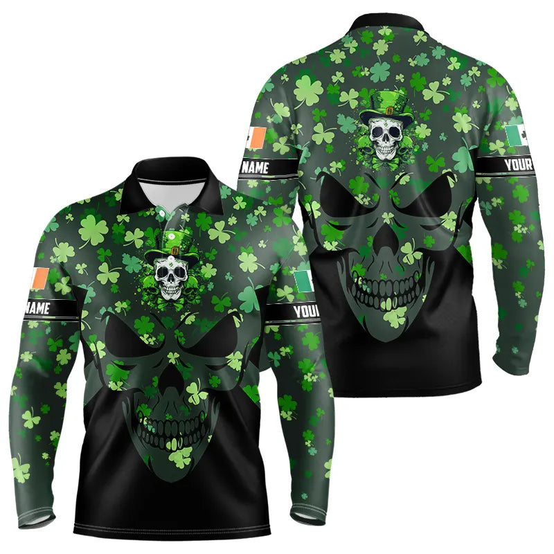 Personalized Green shamrock pattern Skull Men golf polo shirts Custom St Patrick day mens golf tops NQS9542