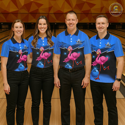 Funny Pink Flamingo Bowling Polo, 1/4 zip shirts for Men Custom Flamingo Team bowling outfit | Blue NQS11653