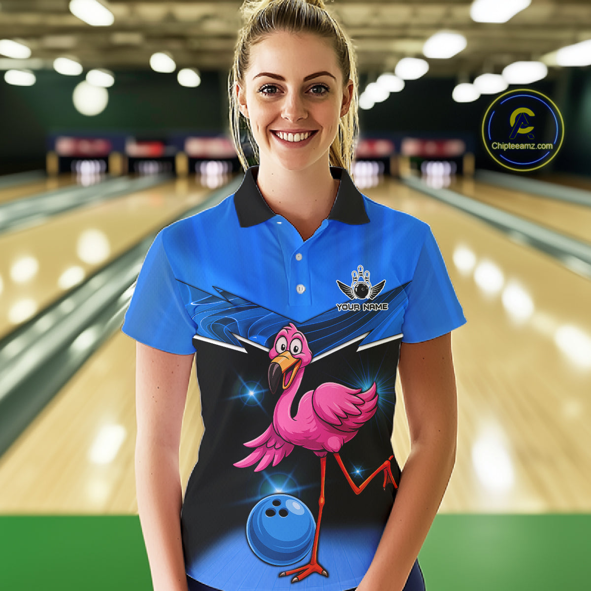 Funny Pink Flamingo Bowling Polo, 1/4 zip shirts for Women Custom Flamingo Team bowling outfit | Blue NQS11653