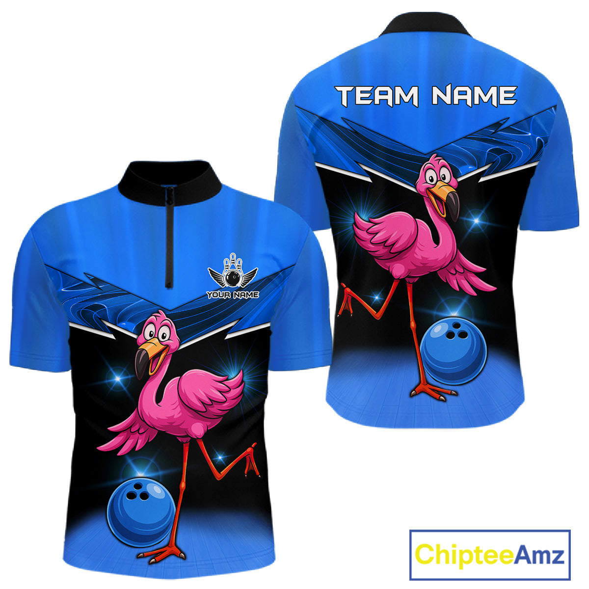 Funny Pink Flamingo Bowling Polo, 1/4 zip shirts for Men Custom Flamingo Team bowling outfit | Blue NQS11653