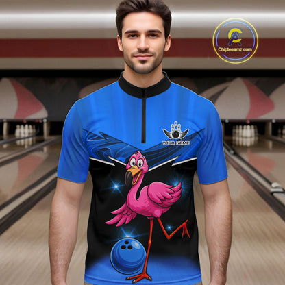 Funny Pink Flamingo Bowling Polo, 1/4 zip shirts for Men Custom Flamingo Team bowling outfit | Blue NQS11653