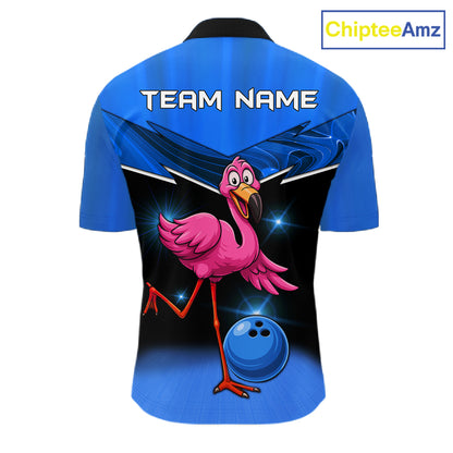 Funny Pink Flamingo Bowling Polo, 1/4 zip shirts for Men Custom Flamingo Team bowling outfit | Blue NQS11653