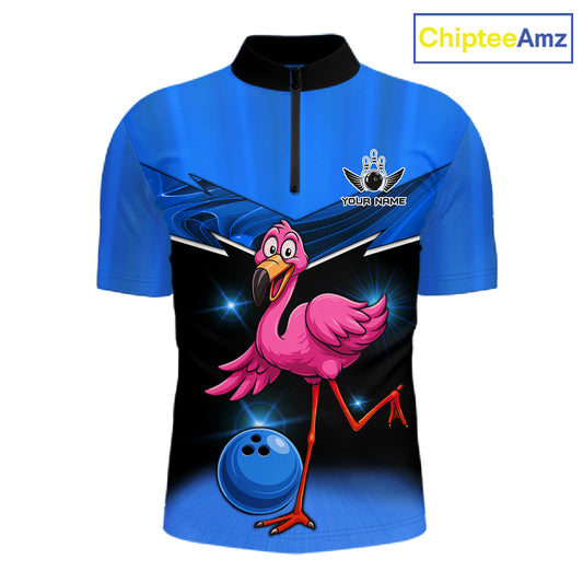 Funny Pink Flamingo Bowling Polo, 1/4 zip shirts for Men Custom Flamingo Team bowling outfit | Blue NQS11653